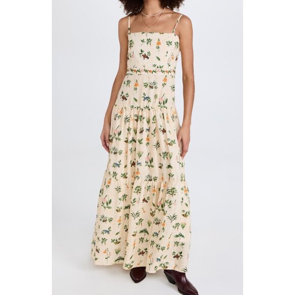 Agua Bendita Lima Ranas Maxi Dress Gown Frog Floral Print Ivory Grid S - Picture 1 of 16